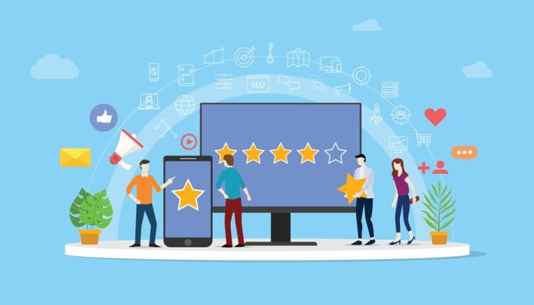 online reputation management team working together for customer review rating star with people work together to manage vector